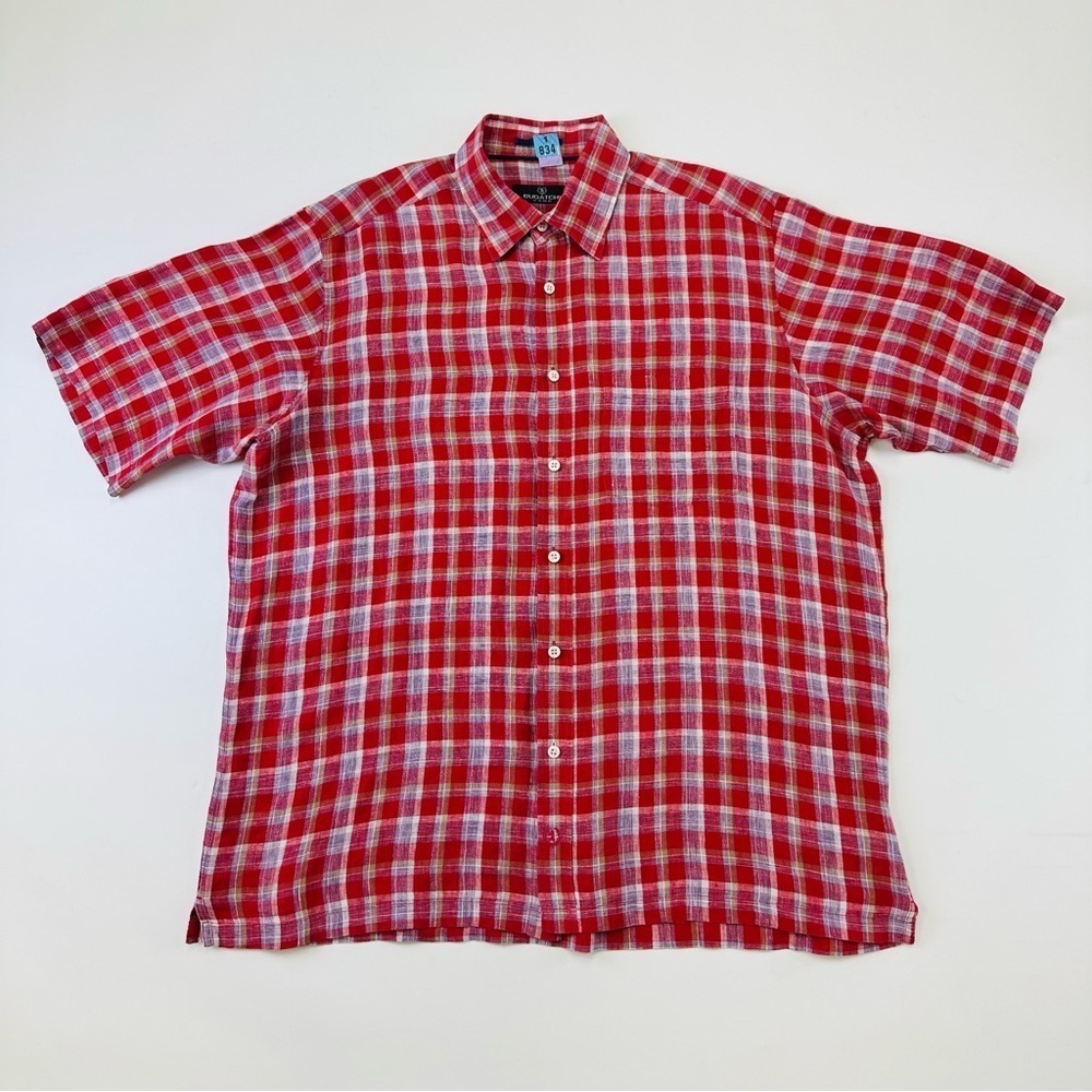 Bugatchi red check linen mens short sleeve button down shirt Large one pocket